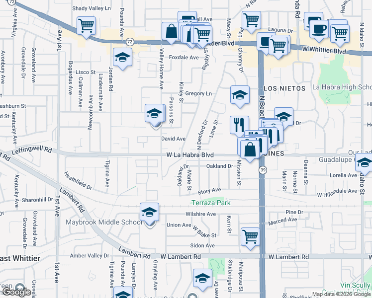 map of restaurants, bars, coffee shops, grocery stores, and more near 2521 David Avenue in La Habra