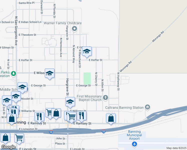 map of restaurants, bars, coffee shops, grocery stores, and more near 763 North Cherry Street in Banning
