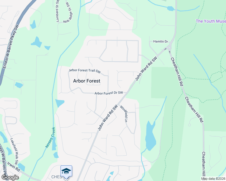 map of restaurants, bars, coffee shops, grocery stores, and more near 2005 Arbor Forest Drive Southwest in Marietta