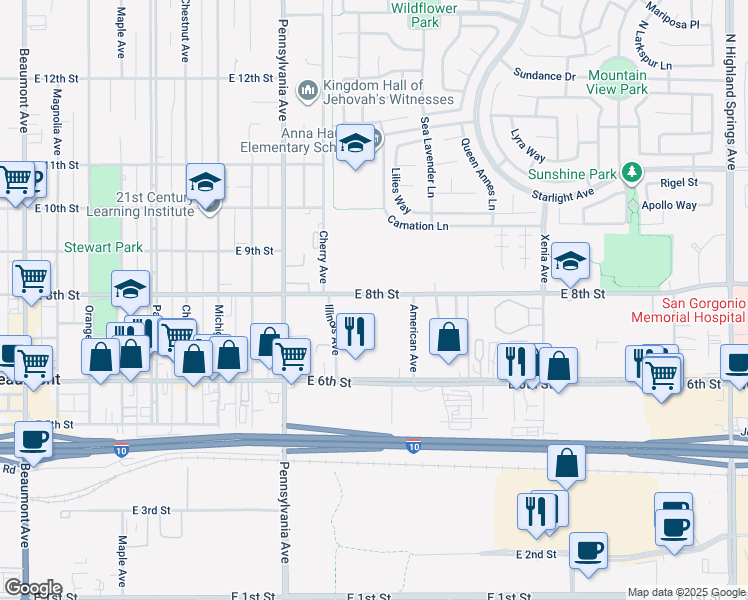 map of restaurants, bars, coffee shops, grocery stores, and more near 1350 East 8th Street in Beaumont