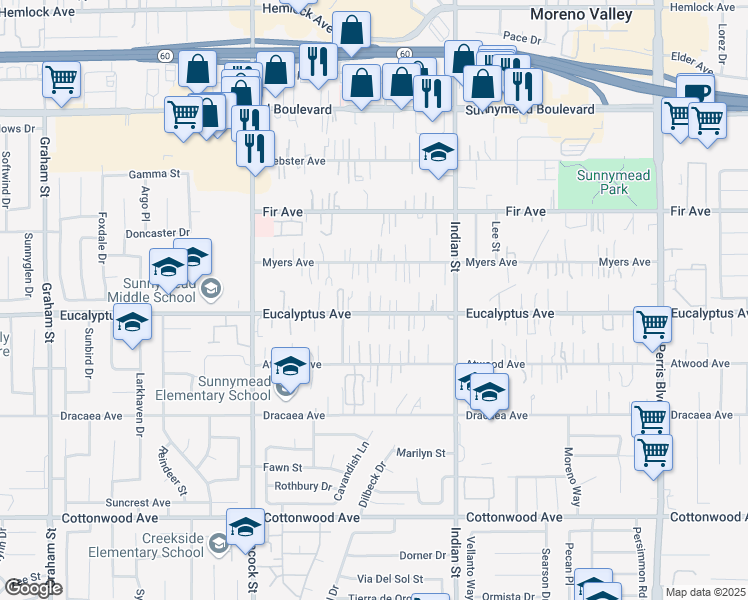 map of restaurants, bars, coffee shops, grocery stores, and more near 12914 Roberts Way in Moreno Valley