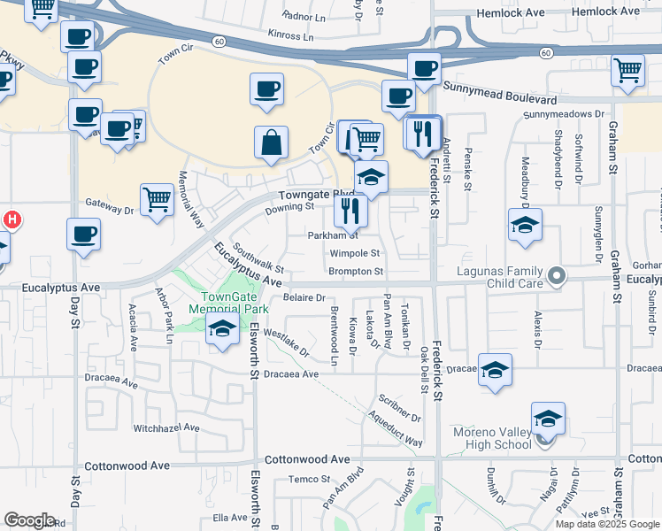 map of restaurants, bars, coffee shops, grocery stores, and more near 12879 Gerrard Street in Moreno Valley