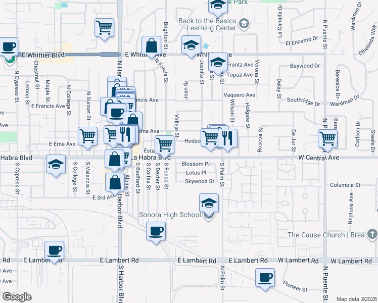map of restaurants, bars, coffee shops, grocery stores, and more near 1750 Hodson Avenue in La Habra