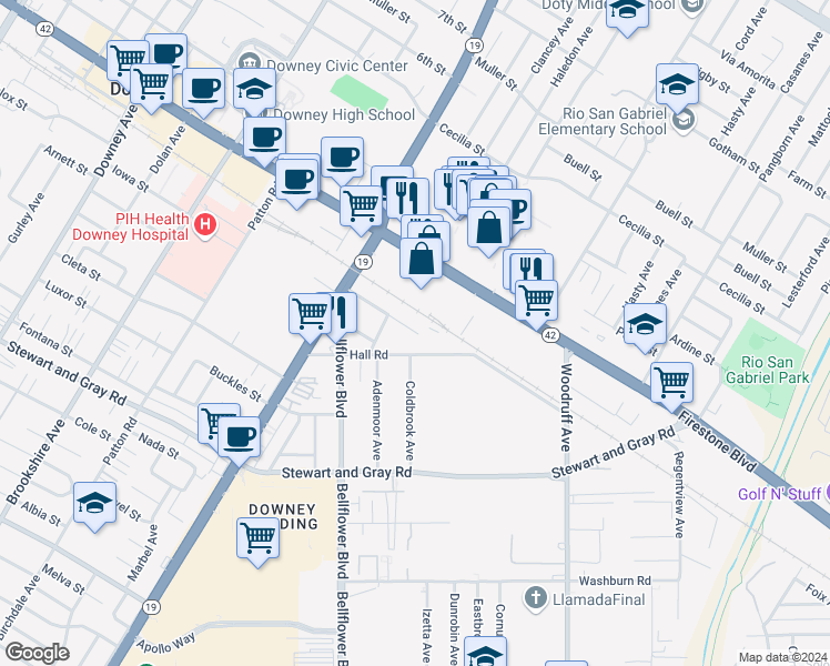 map of restaurants, bars, coffee shops, grocery stores, and more near 9102 Firestone Boulevard in Downey