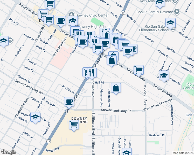 map of restaurants, bars, coffee shops, grocery stores, and more near 11440 Bellflower Boulevard in Downey