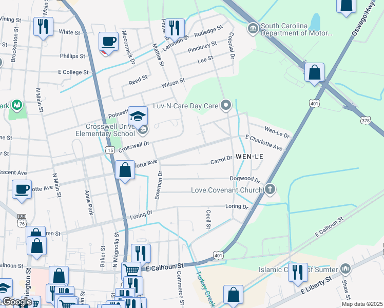 map of restaurants, bars, coffee shops, grocery stores, and more near 437 East Charlotte Avenue in Sumter