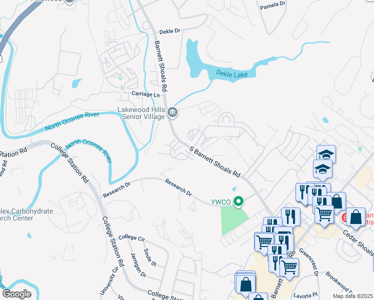 map of restaurants, bars, coffee shops, grocery stores, and more near 1035 South Barnett Shoals Road in Athens