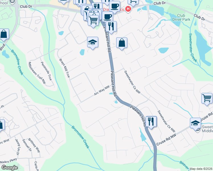 map of restaurants, bars, coffee shops, grocery stores, and more near 3782 Guthrie Circle Northwest in Lawrenceville