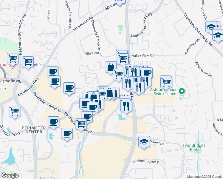map of restaurants, bars, coffee shops, grocery stores, and more near 1028 Ashwood Parkway in Dunwoody