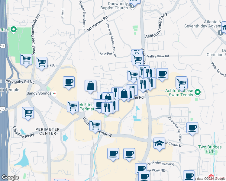 map of restaurants, bars, coffee shops, grocery stores, and more near 1100 Ashwood Parkway in Atlanta