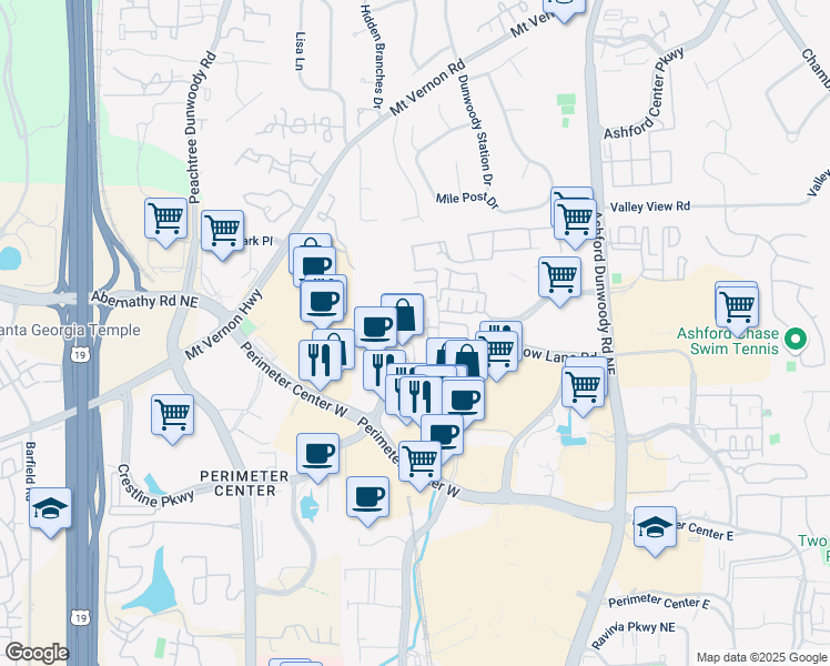 map of restaurants, bars, coffee shops, grocery stores, and more near 4636 Ridgeview Road in Atlanta