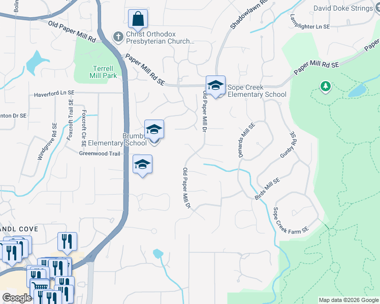 map of restaurants, bars, coffee shops, grocery stores, and more near 762 Old Paper Mill Drive in Marietta