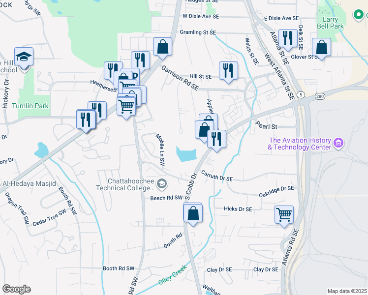 map of restaurants, bars, coffee shops, grocery stores, and more near 1714 Garrison Plantation Drive in Marietta