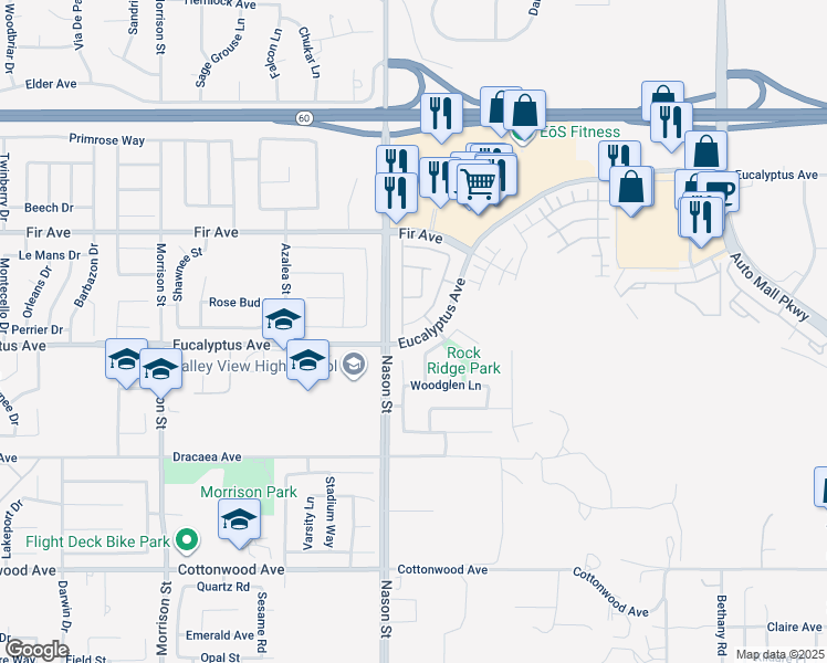 map of restaurants, bars, coffee shops, grocery stores, and more near 12978 Cobblestone Lane in Moreno Valley