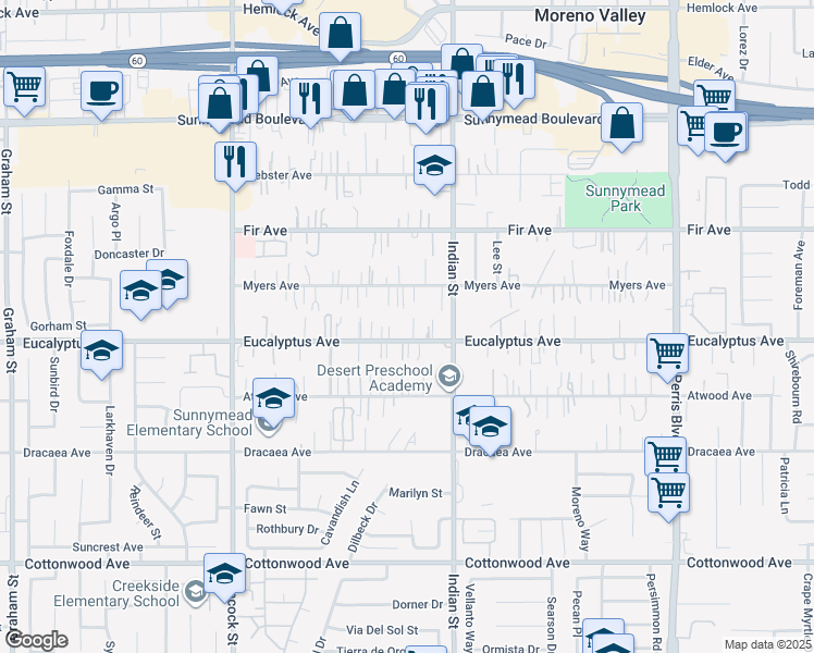 map of restaurants, bars, coffee shops, grocery stores, and more near 24412 Eucalyptus Avenue in Moreno Valley
