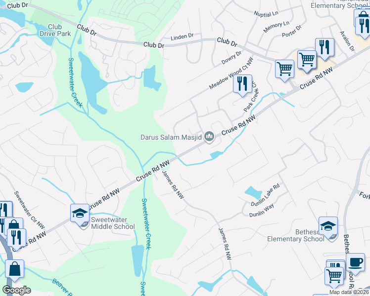 map of restaurants, bars, coffee shops, grocery stores, and more near 3155 Fescue Circle in Lawrenceville