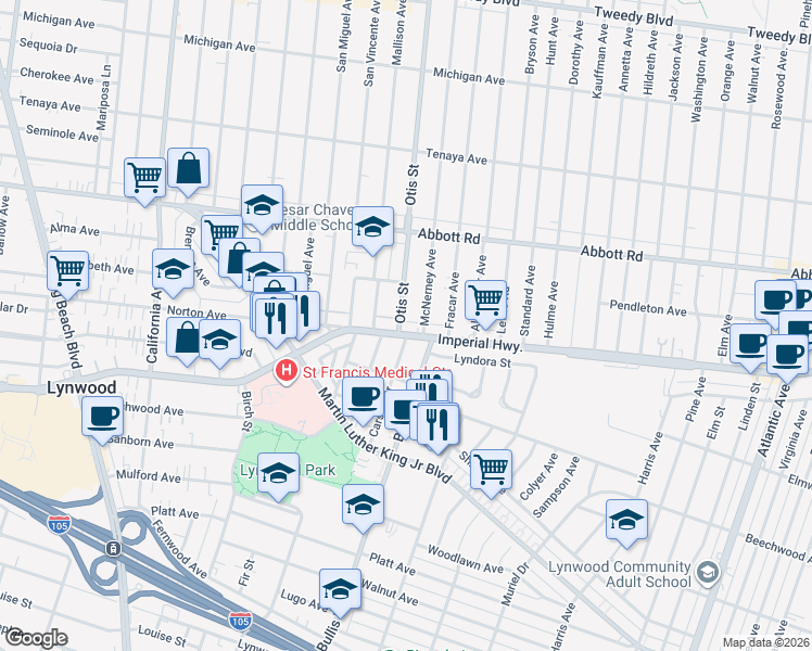 map of restaurants, bars, coffee shops, grocery stores, and more near 3745 Imperial Highway in Lynwood