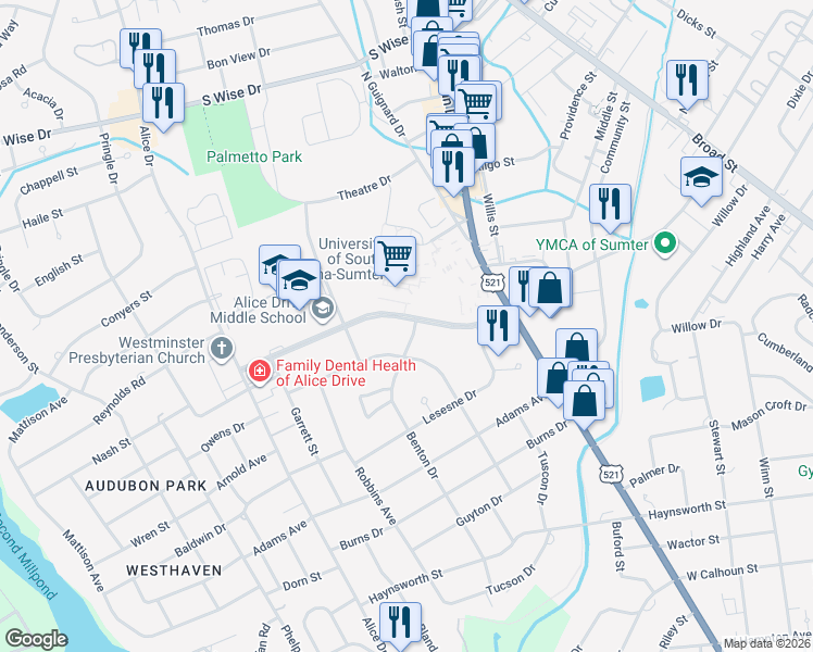 map of restaurants, bars, coffee shops, grocery stores, and more near 130 Miller Road in Sumter