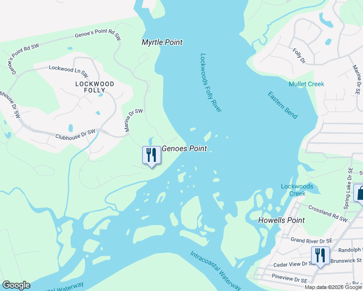 map of restaurants, bars, coffee shops, grocery stores, and more near 92 Genoe's Point Rd SW in Brunswick