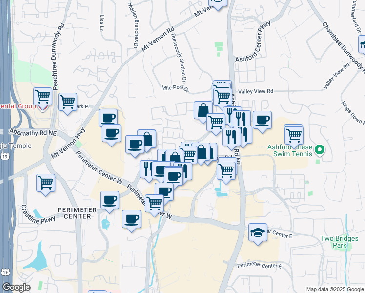 map of restaurants, bars, coffee shops, grocery stores, and more near 1100 Ashwood Parkway in Atlanta