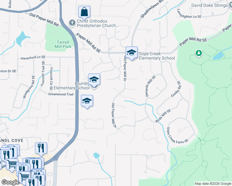 map of restaurants, bars, coffee shops, grocery stores, and more near 762 Old Paper Mill Drive in Marietta