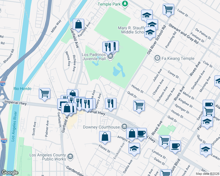 map of restaurants, bars, coffee shops, grocery stores, and more near 7314 Quill Drive in Downey