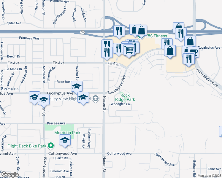 map of restaurants, bars, coffee shops, grocery stores, and more near 12978 Cobblestone Lane in Moreno Valley