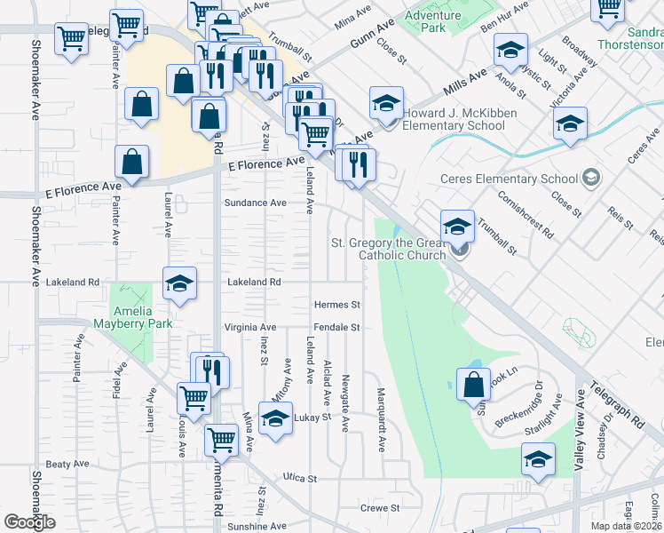 map of restaurants, bars, coffee shops, grocery stores, and more near 10934 Alclad Ave in Whittier