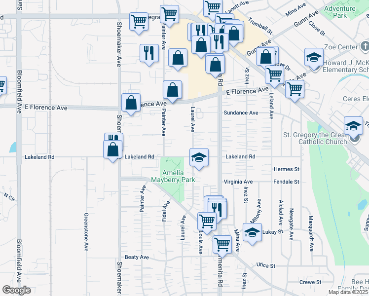 map of restaurants, bars, coffee shops, grocery stores, and more near 13231 Lakeland Road in Santa Fe Springs