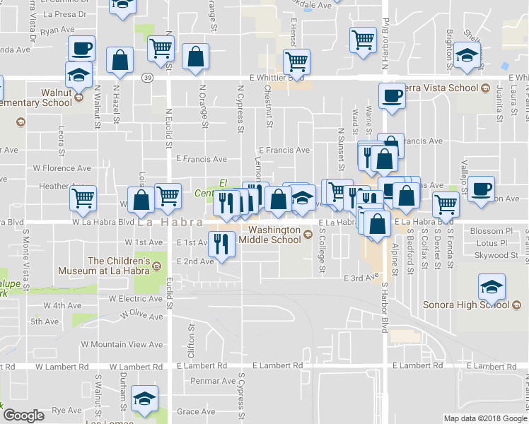 map of restaurants, bars, coffee shops, grocery stores, and more near 114 Lemon Street in La Habra