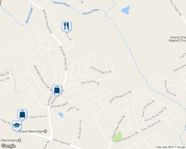 map of restaurants, bars, coffee shops, grocery stores, and more near 1495 Union Station Drive Southeast in Lawrenceville