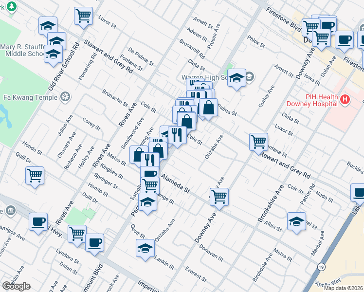 map of restaurants, bars, coffee shops, grocery stores, and more near 12000 Paramount Boulevard in Downey