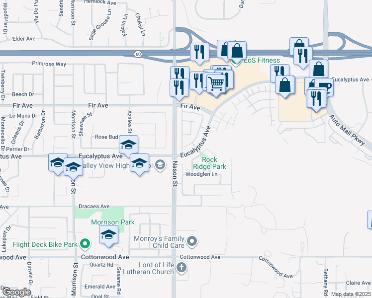 map of restaurants, bars, coffee shops, grocery stores, and more near 12978 Cobblestone Lane in Moreno Valley