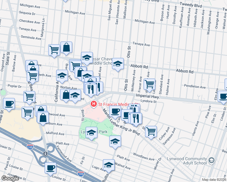map of restaurants, bars, coffee shops, grocery stores, and more near 10931 Mallison Avenue in Lynwood