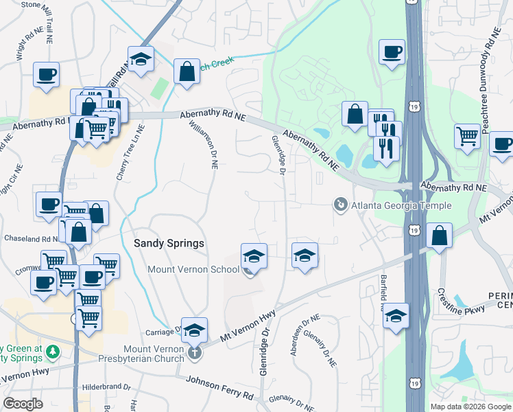 map of restaurants, bars, coffee shops, grocery stores, and more near 6487 Canopy Drive in Sandy Springs