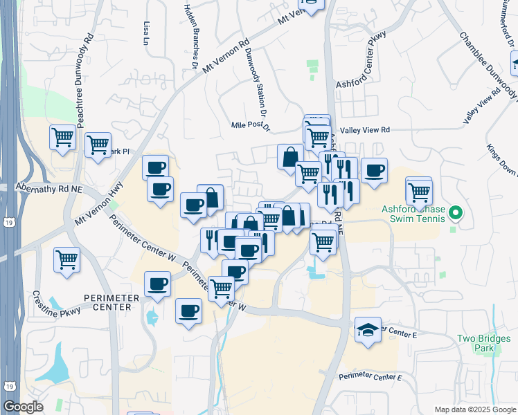 map of restaurants, bars, coffee shops, grocery stores, and more near 1000 Ashwood Parkway in Atlanta