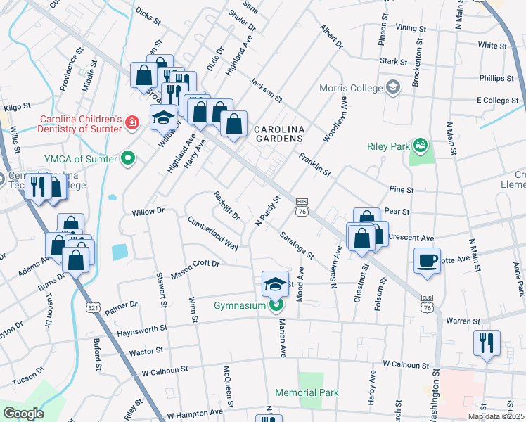 map of restaurants, bars, coffee shops, grocery stores, and more near 606 North Purdy Street in Sumter