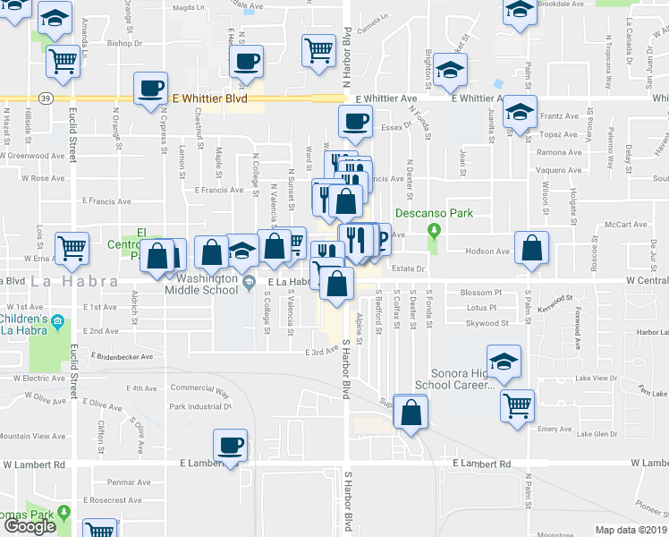 map of restaurants, bars, coffee shops, grocery stores, and more near 201 North Harbor Boulevard in La Habra