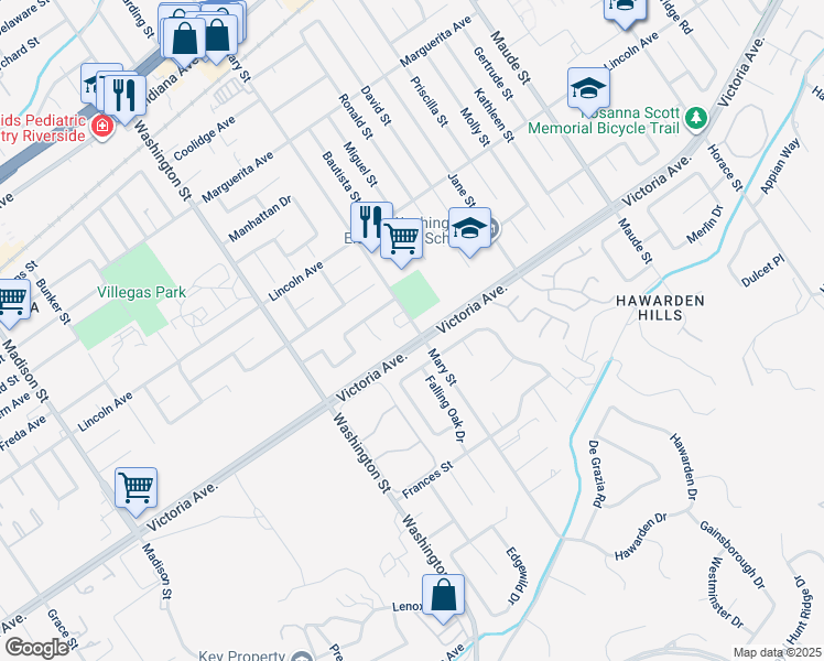 map of restaurants, bars, coffee shops, grocery stores, and more near 6909 Victoria Avenue in Riverside