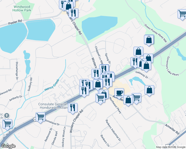 map of restaurants, bars, coffee shops, grocery stores, and more near 4650 Peachtree Place Parkway in Atlanta