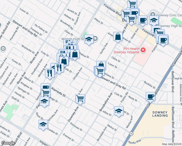 map of restaurants, bars, coffee shops, grocery stores, and more near 8241 Stewart and Gray Road in Downey