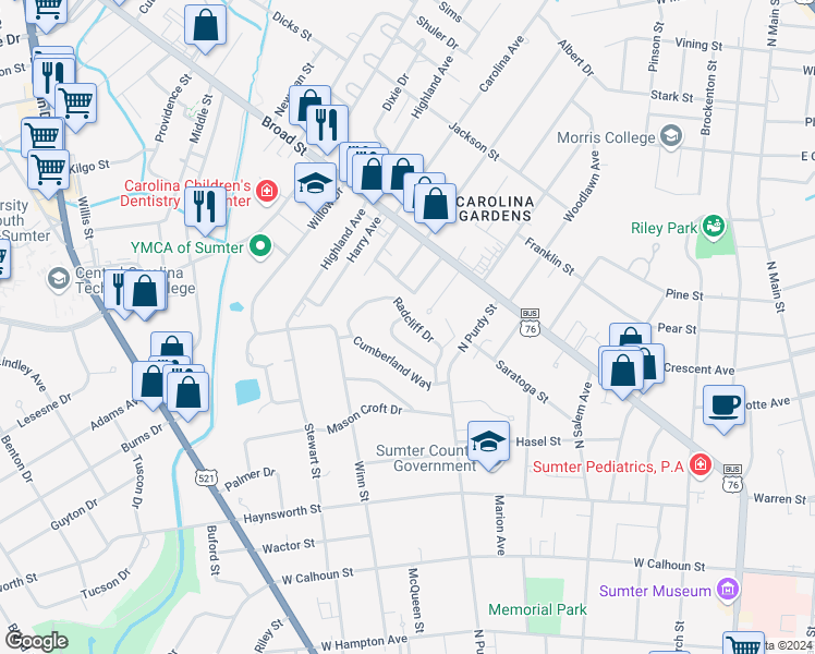 map of restaurants, bars, coffee shops, grocery stores, and more near 16 Radcliff Drive in Sumter