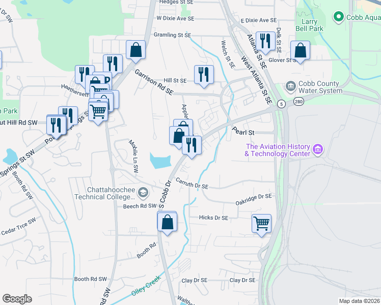 map of restaurants, bars, coffee shops, grocery stores, and more near 824 South Cobb Drive Southeast in Marietta