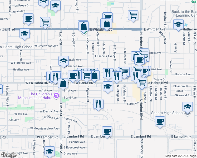 map of restaurants, bars, coffee shops, grocery stores, and more near 515 East La Habra Boulevard in La Habra