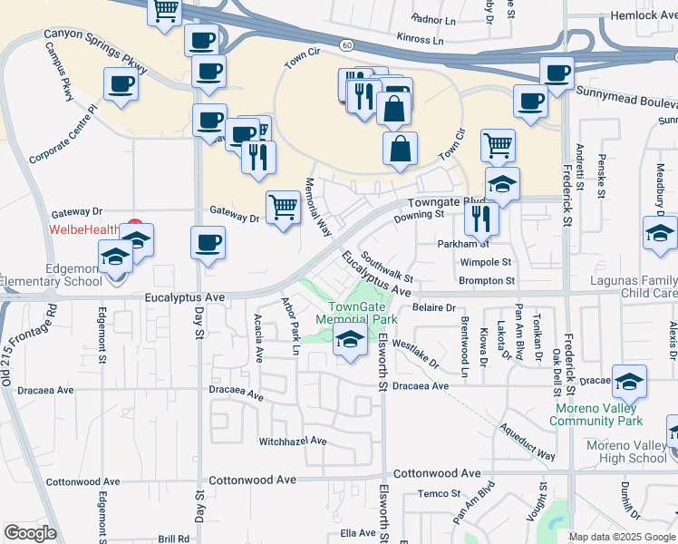 map of restaurants, bars, coffee shops, grocery stores, and more near 22459 Southwalk Street in Moreno Valley