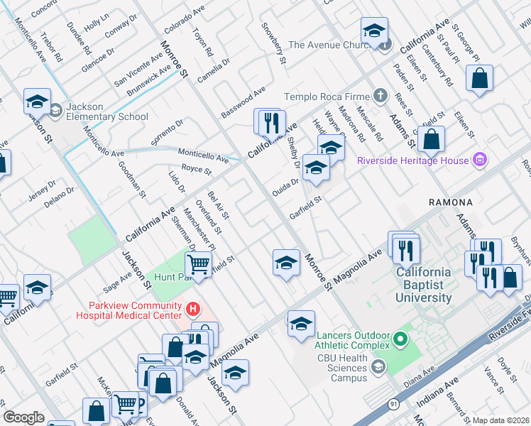 map of restaurants, bars, coffee shops, grocery stores, and more near 8694 Ouida Drive in Riverside