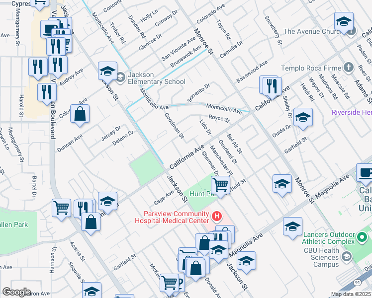 map of restaurants, bars, coffee shops, grocery stores, and more near 8989 Christopher Place in Riverside