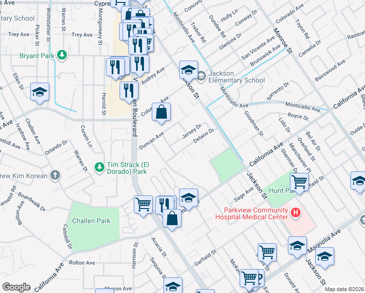 map of restaurants, bars, coffee shops, grocery stores, and more near 4445 Merrimac Court in Riverside