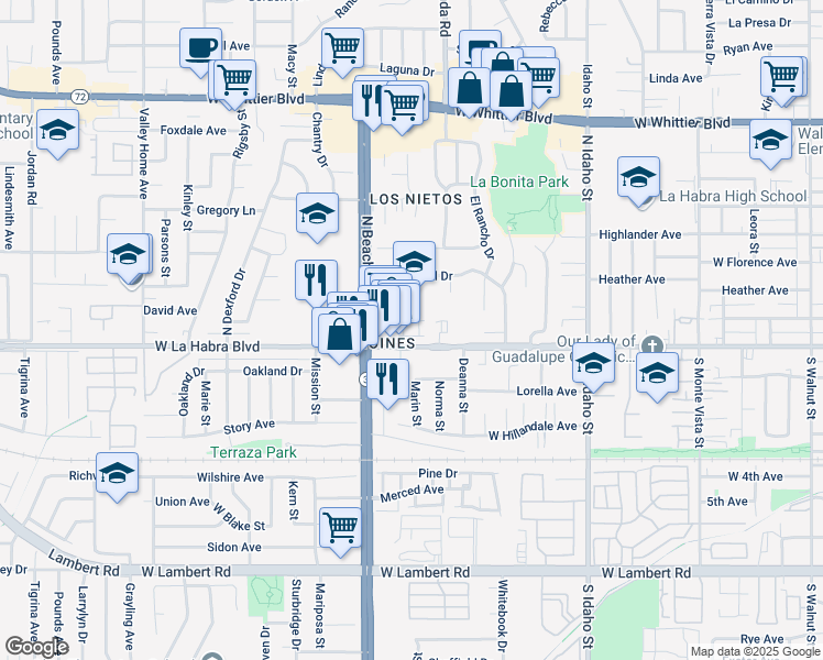 map of restaurants, bars, coffee shops, grocery stores, and more near 1901 West La Habra Boulevard in La Habra