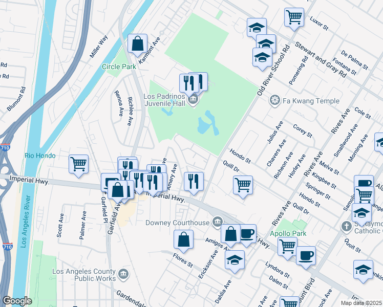 map of restaurants, bars, coffee shops, grocery stores, and more near 7308 Quill Drive in Downey